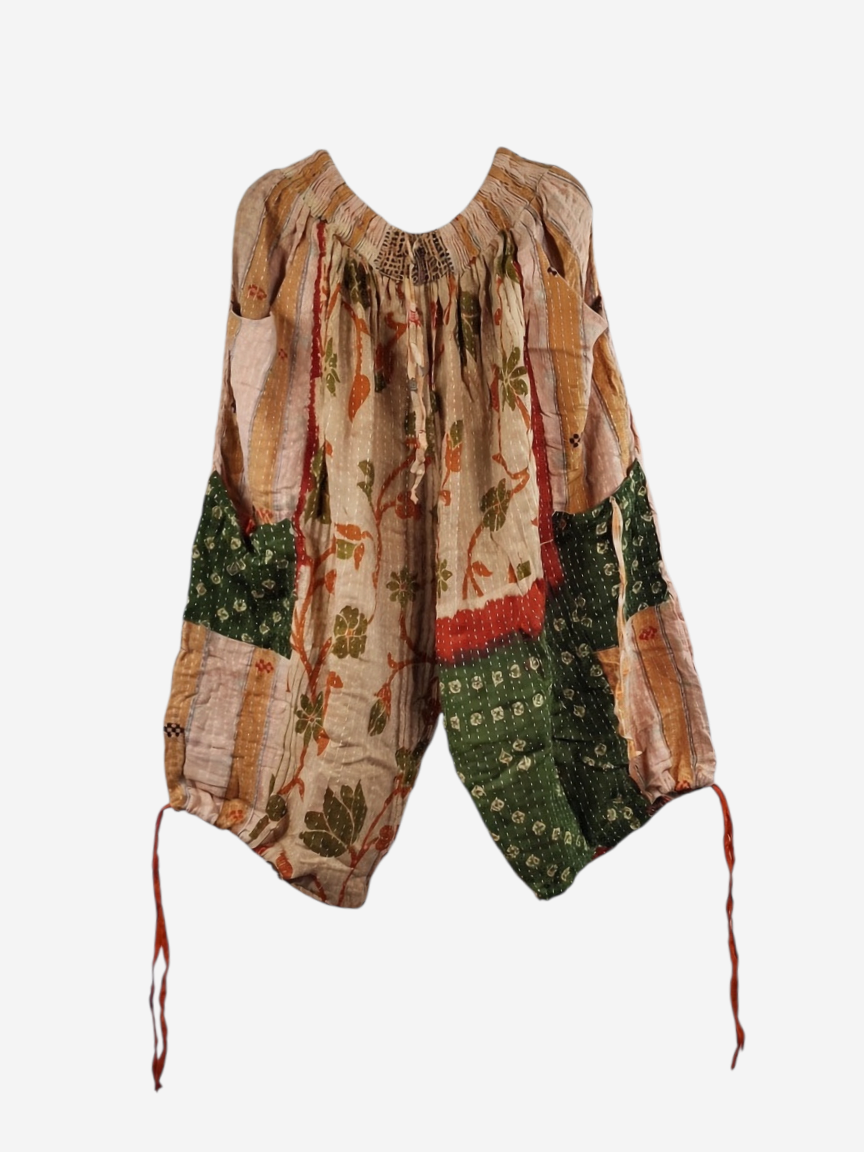 She Lives Beauty vintage cotton kantha cargo joggers featuring unique patchwork patterns and drawstring capri hems.