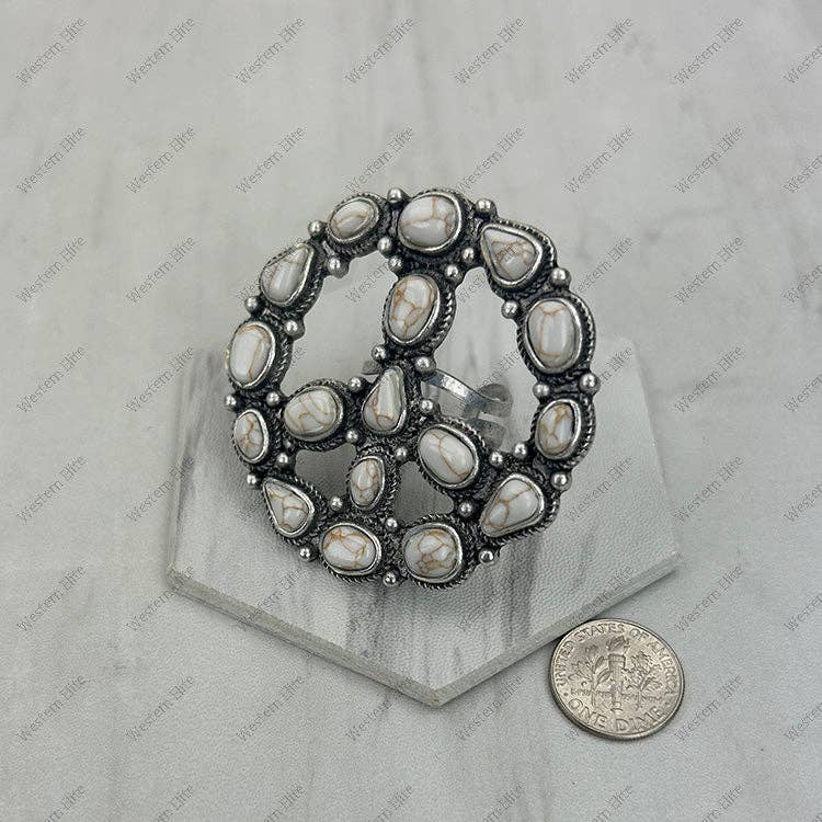 RGY250730-01-BLUE                Silver metal with blue turquoise stone peace sign Ring