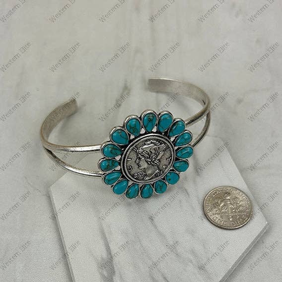 BR251230-05SL-01                      Silver metal with blue turquoise stone coin shape Bangle