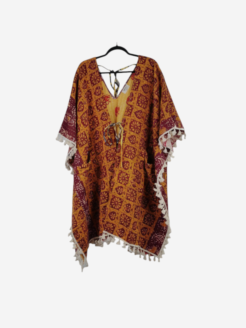She Lives Beauty reversible long sleeve Willow fringe kimono made from vintage kantha stitched cotton in warm tones.