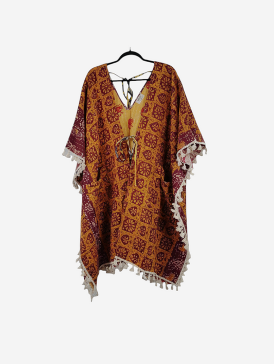 She Lives Beauty reversible long sleeve Willow fringe kimono made from vintage kantha stitched cotton in warm tones.