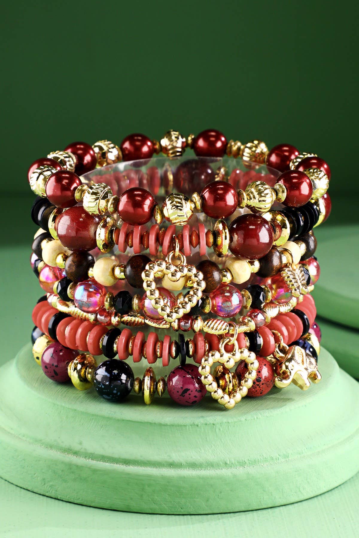 7 Layered Multi-Bead Stretch Bracelet with Charms