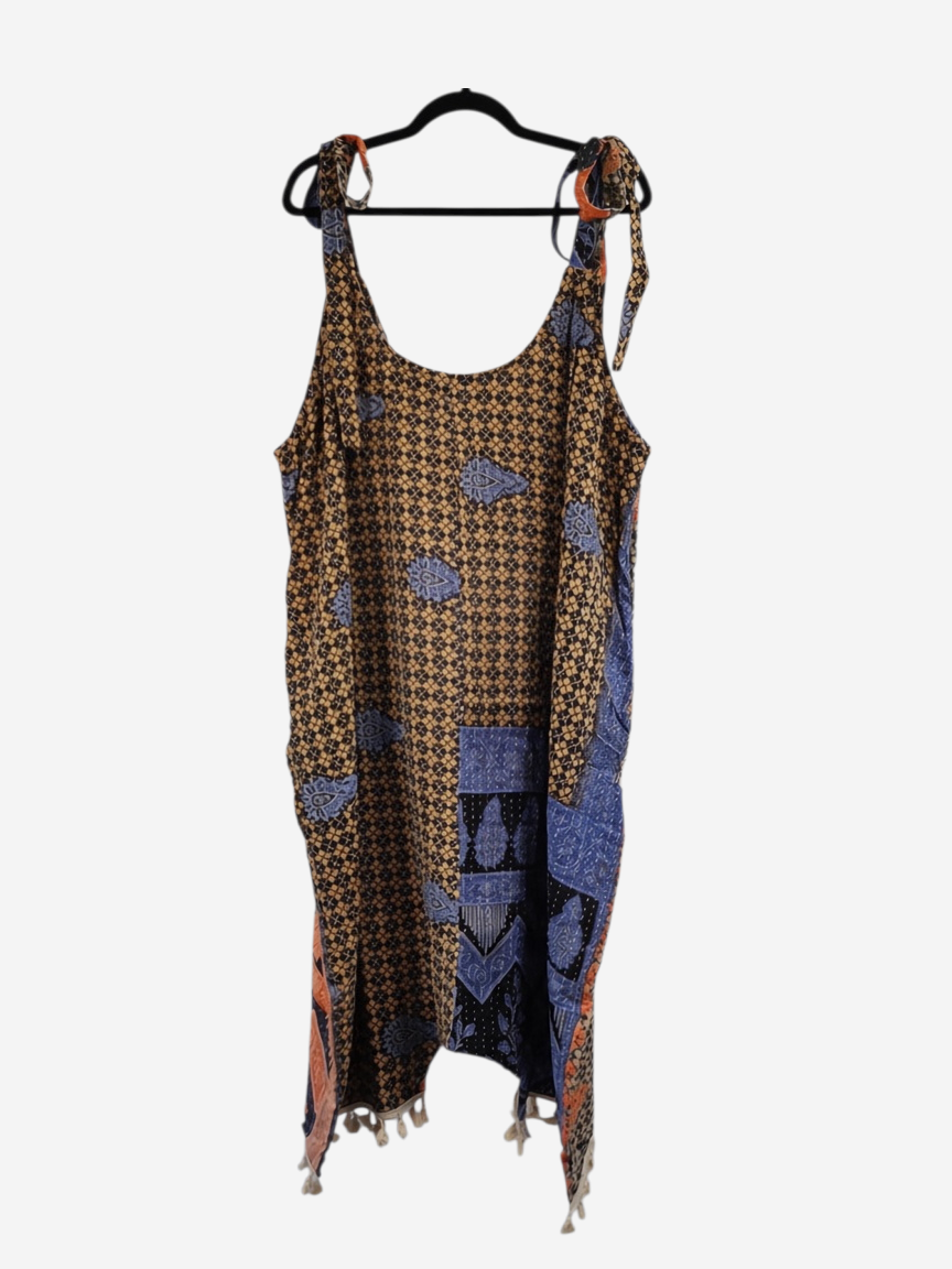 She Lives Beauty bohemian harem jumpsuit in vintage kantha cotton with brown and blue patterned patchwork design.