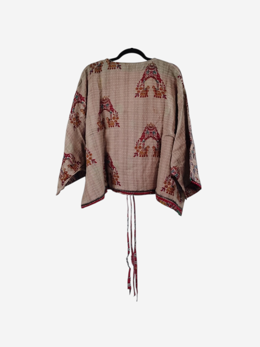 She Lives Beauty Sunrise Hana butterfly top in beige vintage cotton with red floral kantha stitching and tie detail.