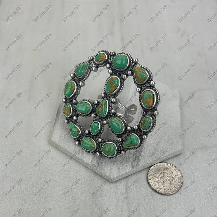 RGY250730-01-BLUE                Silver metal with blue turquoise stone peace sign Ring