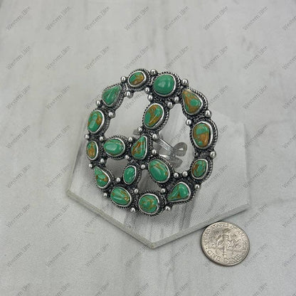 RGY250730-01-BLUE                Silver metal with blue turquoise stone peace sign Ring