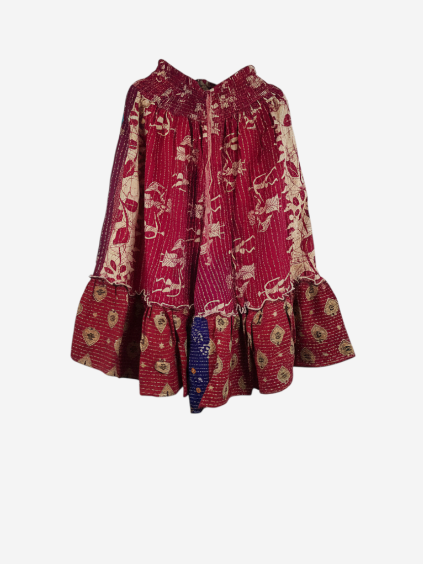 She Lives Beauty Anything for Selenas Bloomers in red vintage kantha cotton with an oversized ruffle hem.
