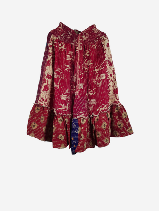 She Lives Beauty Anything for Selenas Bloomers in red vintage kantha cotton with an oversized ruffle hem.
