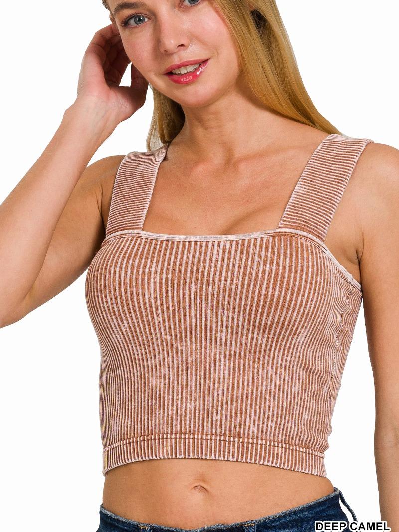 Washed Ribbed Square Neck Top w/ Removable Bra Pads (6 Options)