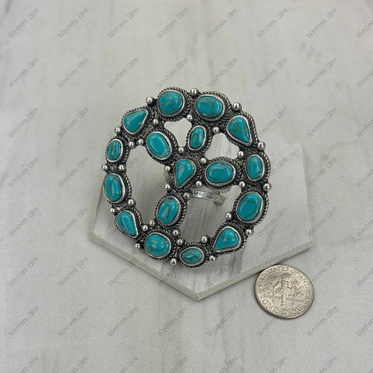 RGY250730-01-BLUE                Silver metal with blue turquoise stone peace sign Ring