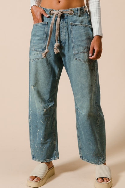 Braided Waist Belt Washed Denim Pants
