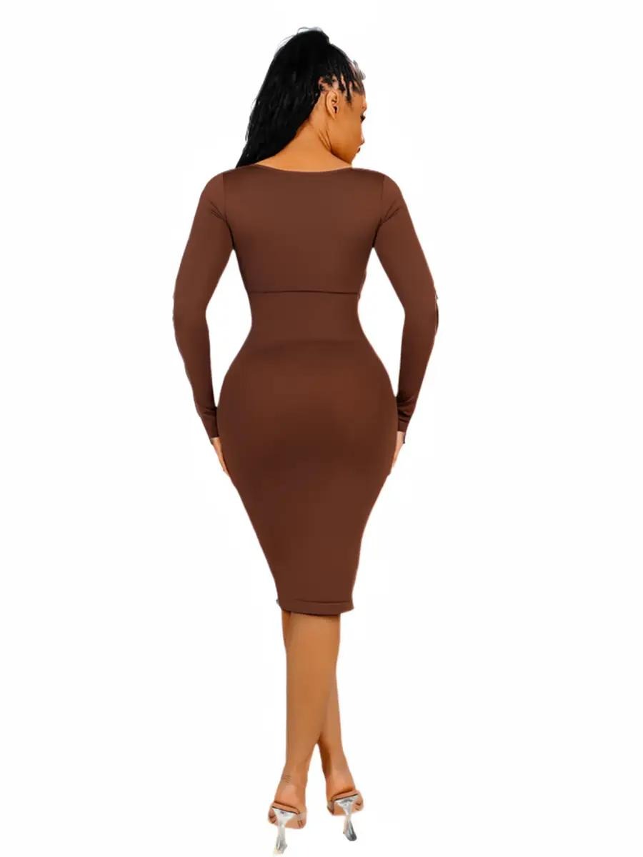 Elegant Sexy Seamless Square Neck Long Sleeve Shaper Dress (3 Options)