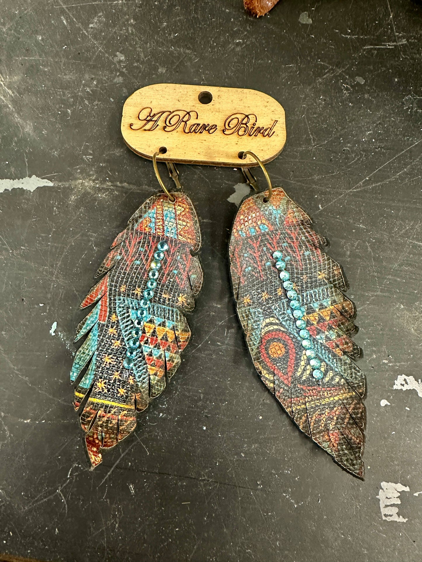 Aztec Leather Feather Earrings