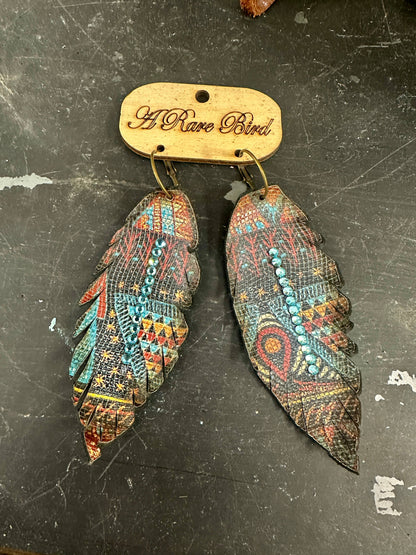 Aztec Leather Feather Earrings