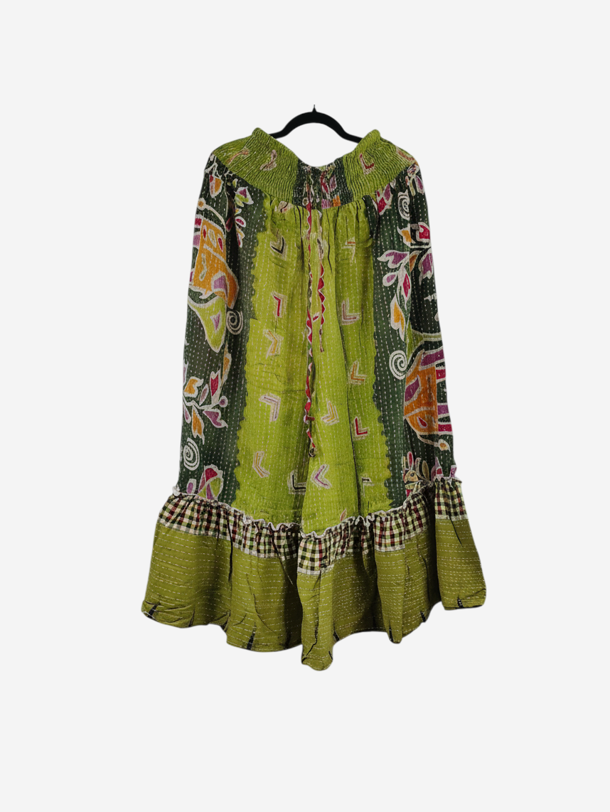She Lives Beauty Anything for Selenas pants in green vintage Kantha cotton with a ruffled hem and elastic waistband.