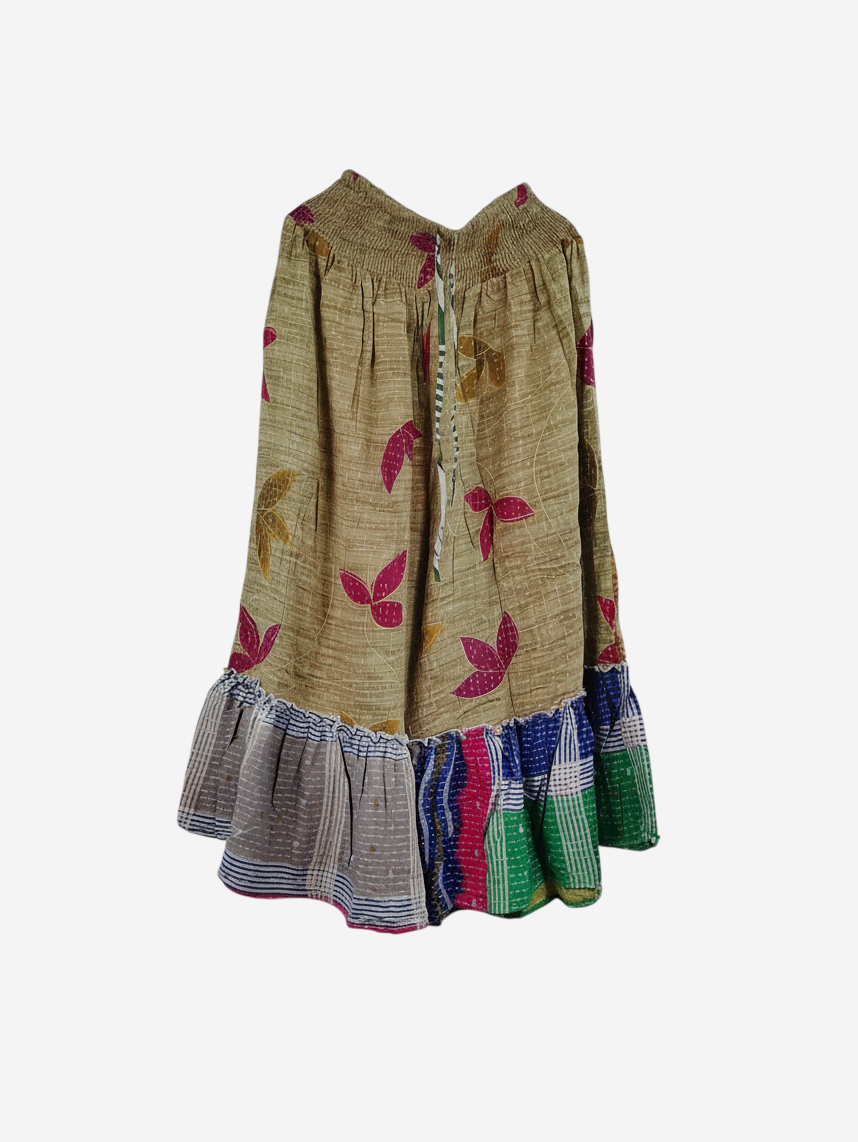 She Lives Beauty Anything for Selenas pants in vintage kantha cotton with floral print and a colorful ruffle hem.