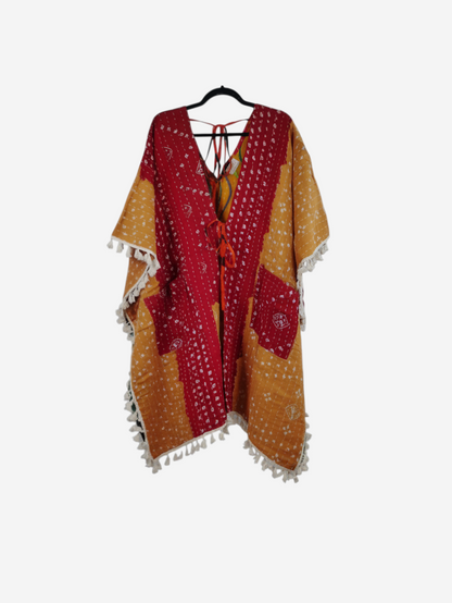 She Lives Beauty reversible long sleeve kimono in red and yellow vintage kantha cotton with fringe and tie closure
