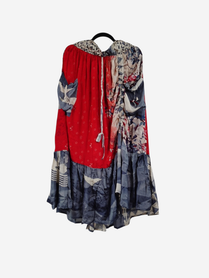She Lives Beauty Sienna Moon cargo silk skirt in red and blue vintage rasgulla silk with a bohemian flowing design.