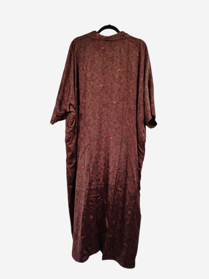 She Lives Beauty brown vintage Rasgulla silk kaftan with a paisley pattern and relaxed, flowing silhouette.
