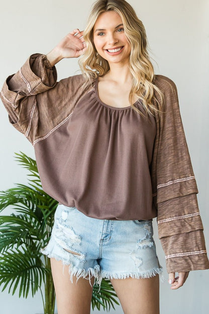 Washed Tucked Sleeve Raglan Knit Top