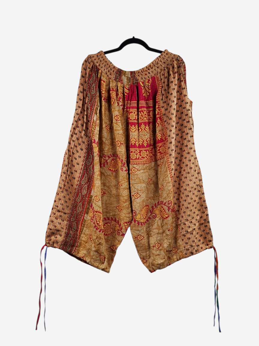 She Lives Beauty vintage cotton kantha capri cargo joggers with bohemian patterns and drawstring hem
