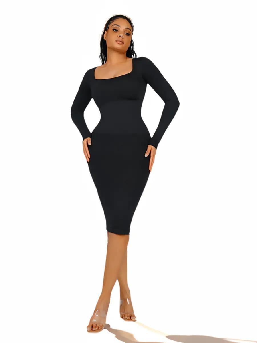 Elegant Sexy Seamless Square Neck Long Sleeve Shaper Dress (3 Options)