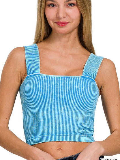 Washed Ribbed Square Neck Top w/ Removable Bra Pads (6 Options)