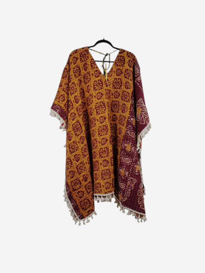 She Lives Beauty reversible long sleeve Willow kimono in mustard and maroon vintage cotton with fringe detailing.