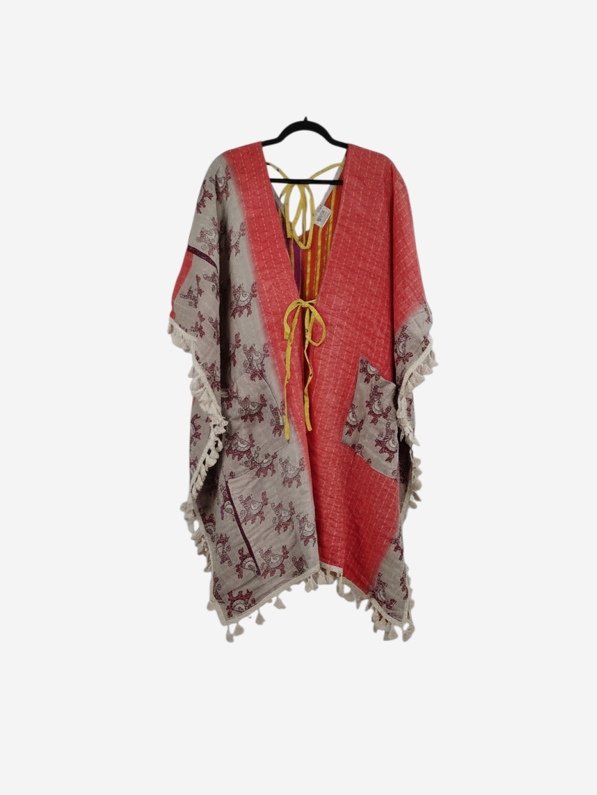 She Lives Beauty reversible long sleeve Willow fringe kimono made from vintage kantha stitched cotton sari fabric
