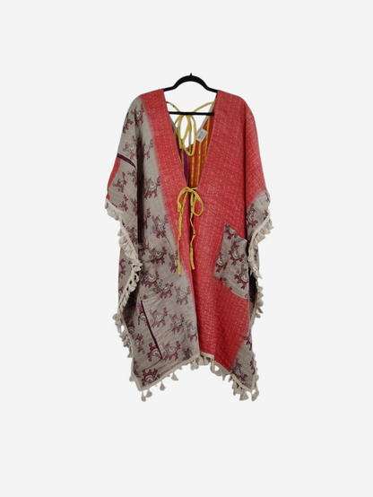 She Lives Beauty reversible long sleeve Willow fringe kimono made from vintage kantha stitched cotton sari fabric