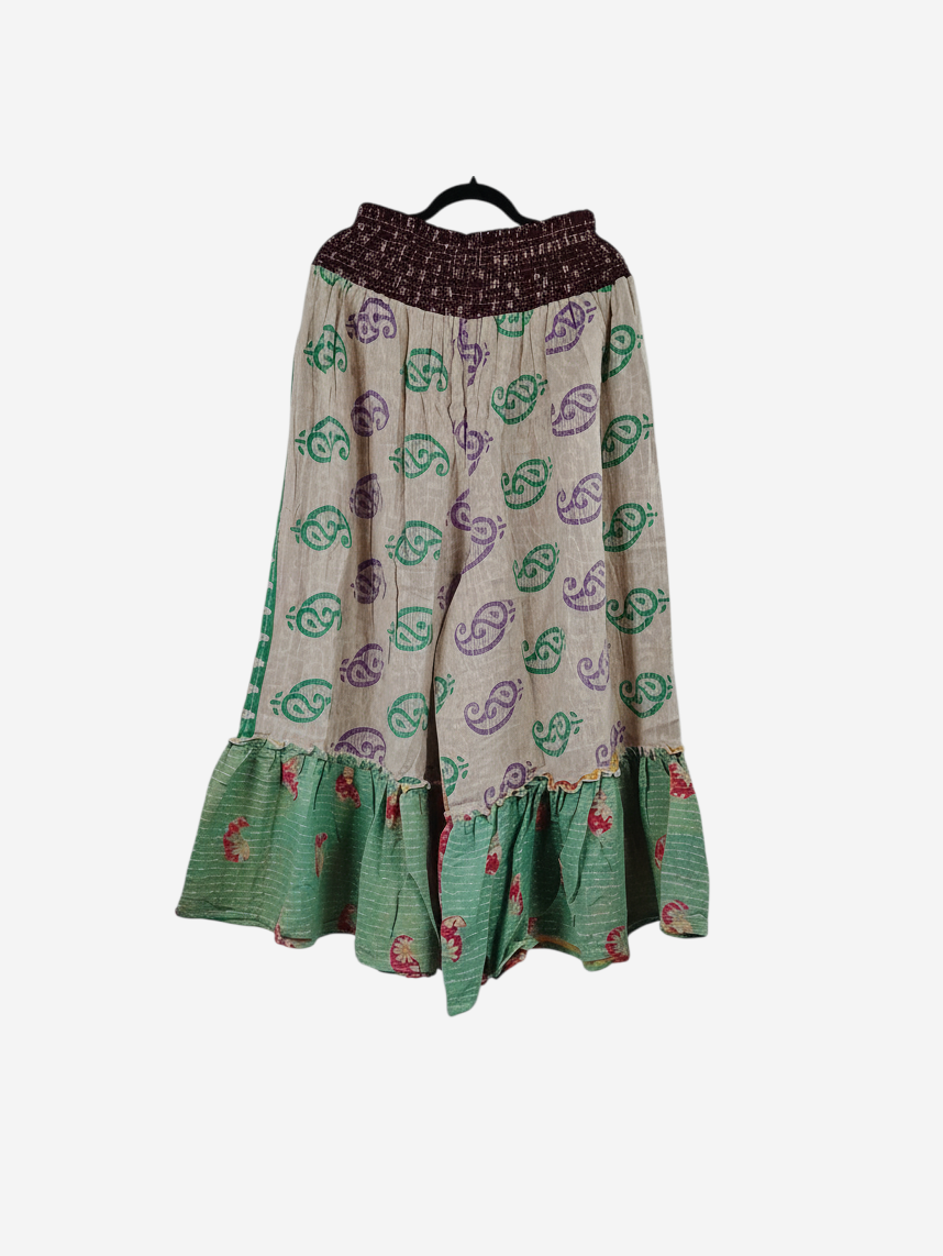 She Lives Beauty Anything for Selenas pants in vintage kantha cotton with paisley prints and a ruffled hem.