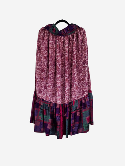 She Lives Beauty Sienna Moon cargo skirt in vintage rasgulla silk with a purple and green geometric floral print.