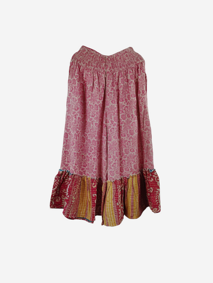 She Lives Beauty Anything for Selenas pants in pink vintage kantha cotton with a contrasting yellow ruffle hem.