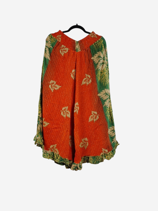 She Lives Beauty Laila capri ruffle pants in orange and green vintage kantha cotton with floral patterns