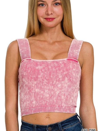 Washed Ribbed Square Neck Top w/ Removable Bra Pads (6 Options)