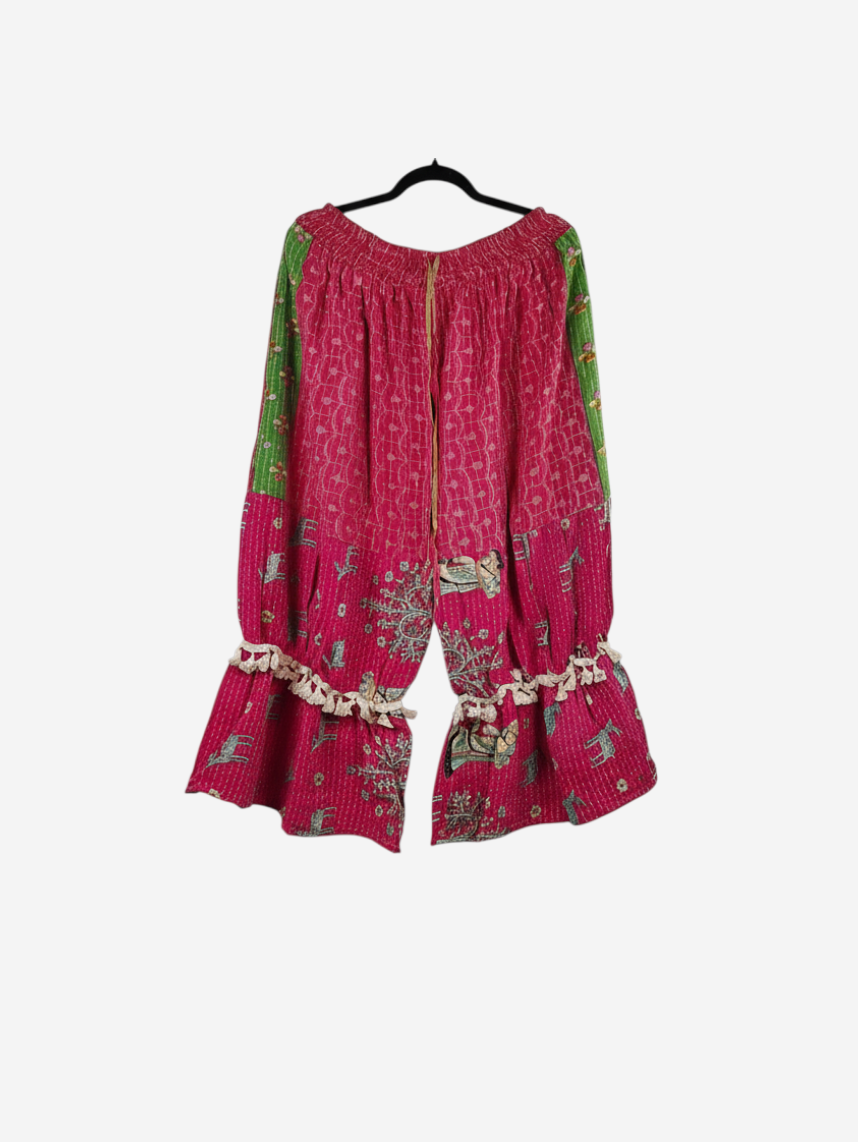 She Lives Beauty Heritage Whisper Kantha bloomers in pink and green vintage cotton with traditional hand stitching.