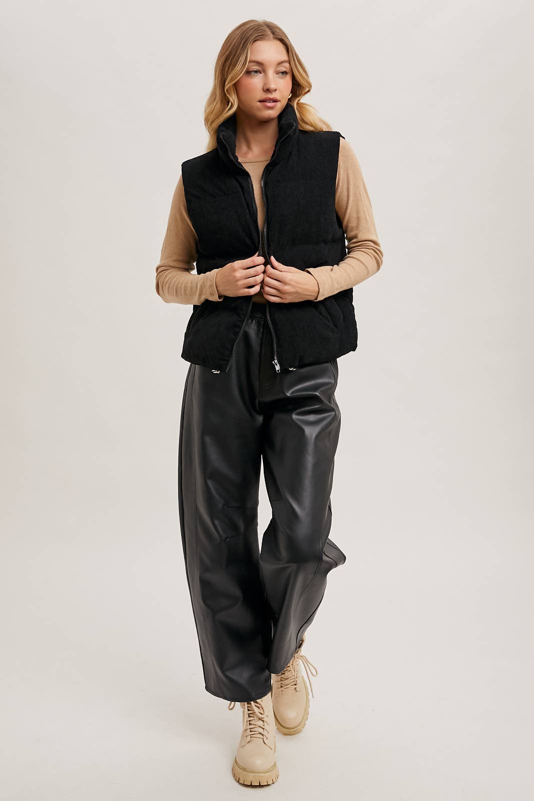 CORDUROY PUFFER VEST ZIPPER FRONT