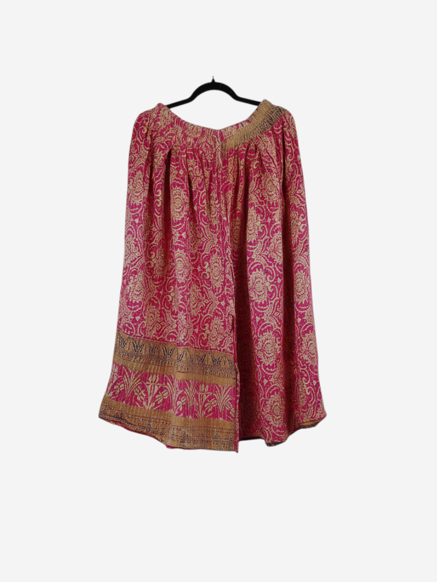 She Lives Beauty Pachuco Kantha capri pants in pink and gold vintage cotton with bohemian floral patterns and pleats.