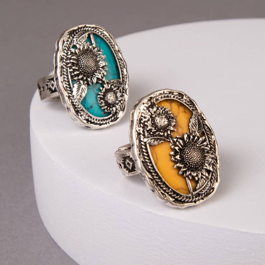 Western Turquoise Sunflower Oval Stretch Ring