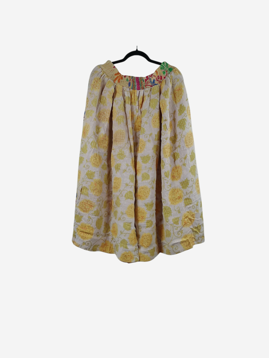 She Lives Beauty Pachuco Kantha capri pants in yellow vintage cotton with floral patterns and pleated waist detail.