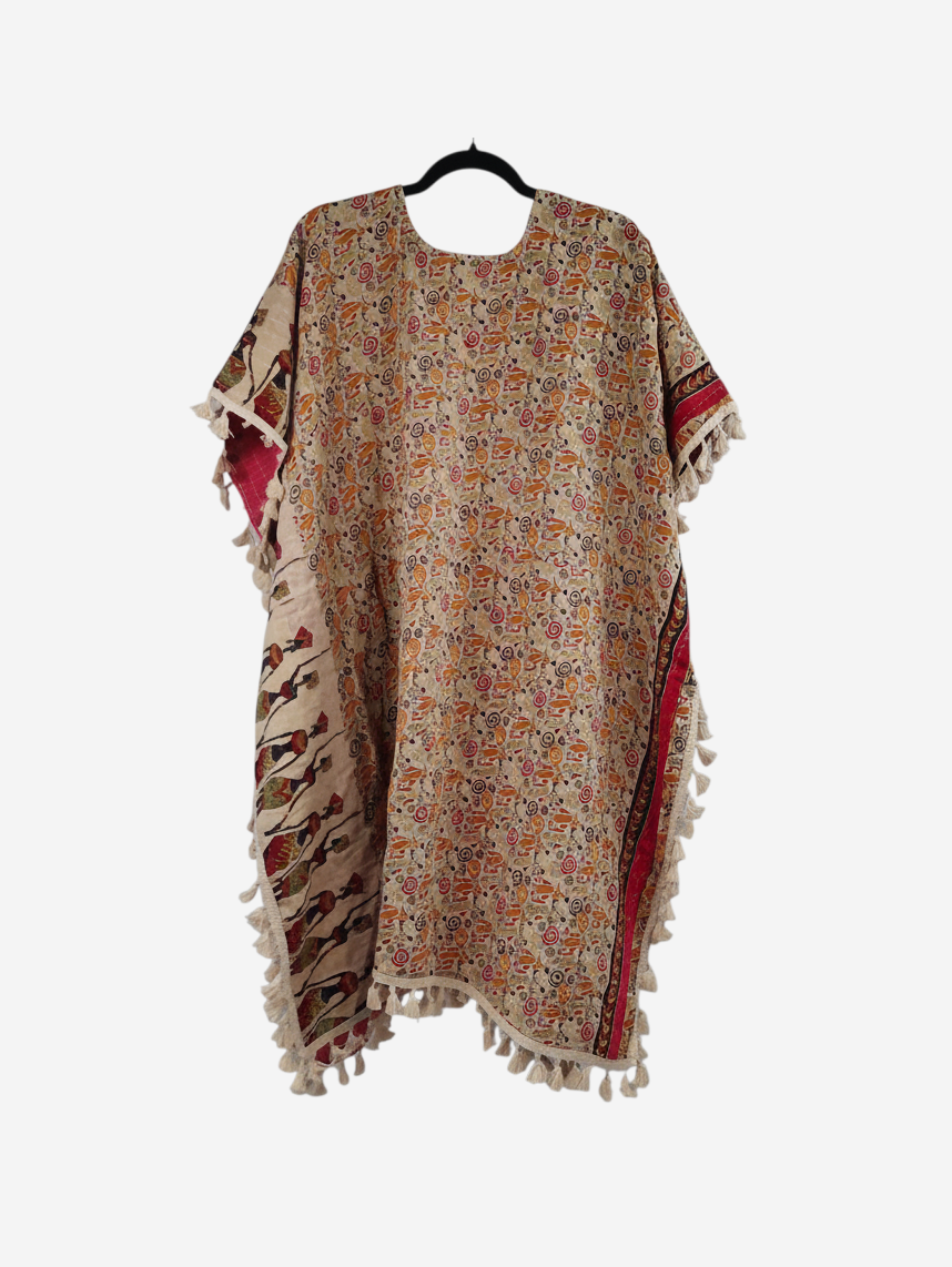 She Lives Beauty short sleeve kimono in vintage kantha cotton with intricate patterns, fringe hem, and open front.