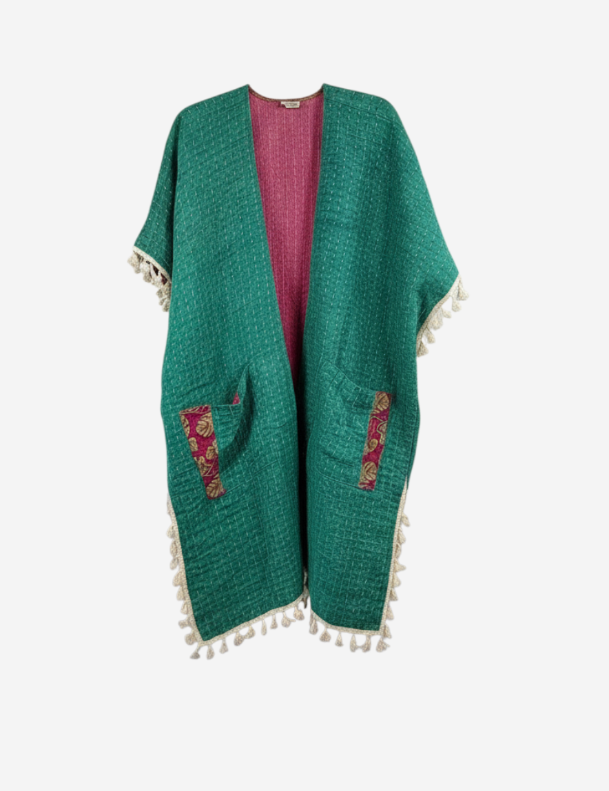 She Lives Beauty green and pink vintage kantha cotton kimono with short sleeves, fringe trim, and front pockets.