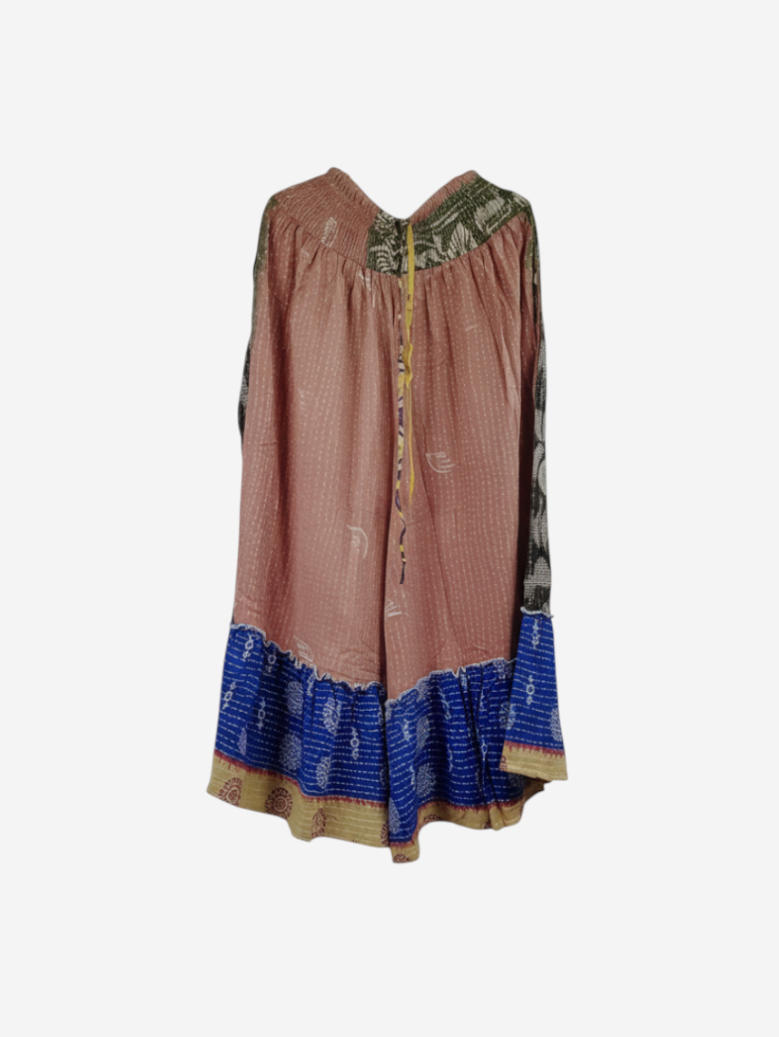 She Lives Beauty Anything for Selenas pants in vintage kantha cotton with a dusty pink base and blue ruffle hem.