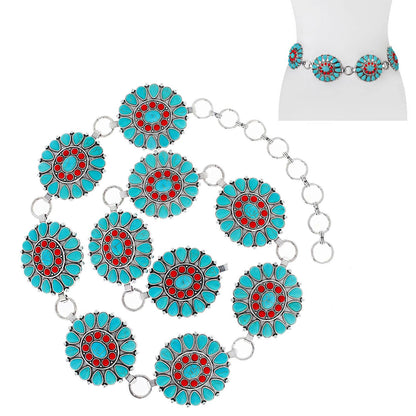 Western Style Synthetic Semi Stone Concho Chain Link Belt