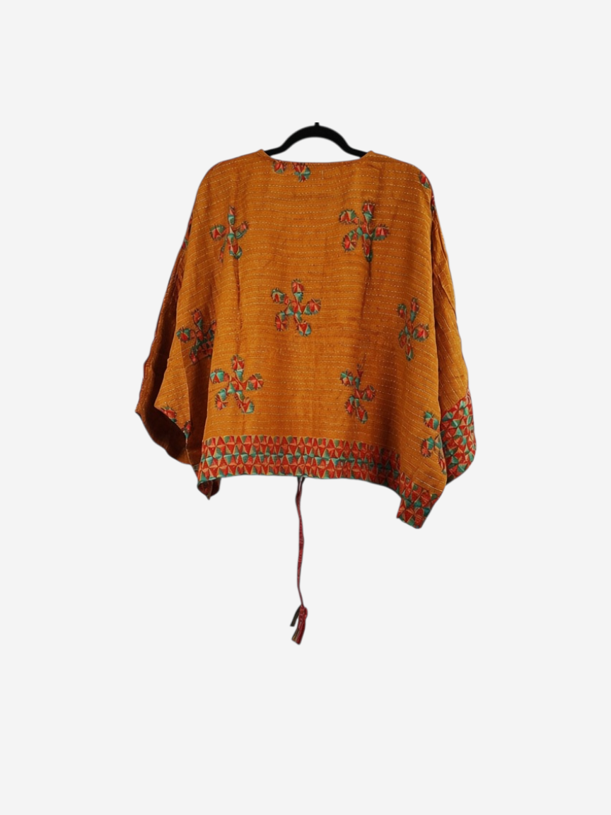 She Lives Beauty Sunrise Hana butterfly top in mustard yellow vintage cotton with kantha stitching and floral patterns