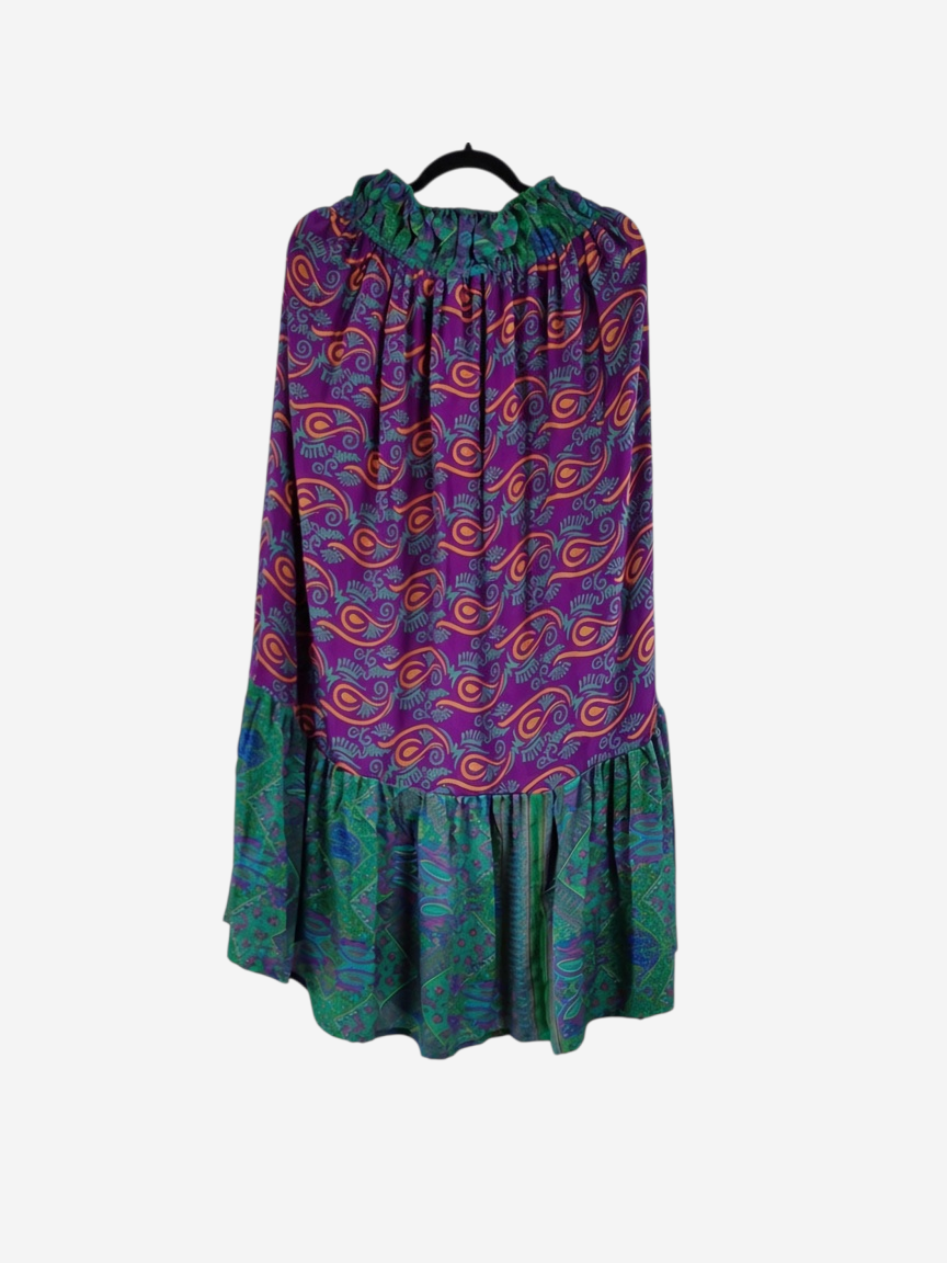 She Lives Beauty Sienna Moon cargo silk skirt in purple and green with a bohemian paisley print and tiered hem.