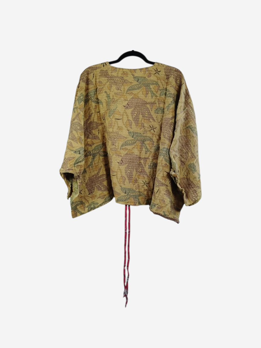 She Lives Beauty Sunrise Hana butterfly top in yellow vintage cotton with intricate kantha stitching and floral print.