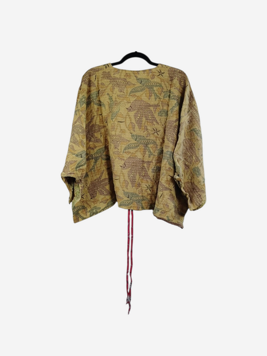She Lives Beauty Sunrise Hana butterfly top in yellow vintage cotton with intricate kantha stitching and floral print.