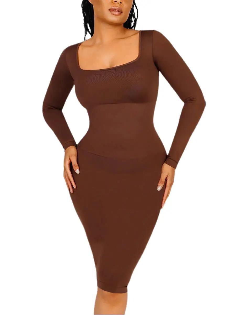 Elegant Sexy Seamless Square Neck Long Sleeve Shaper Dress (3 Options)