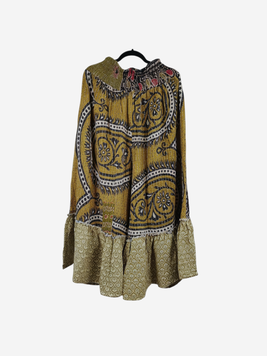 She Lives Beauty Anything for Selenas pants in mustard yellow vintage kantha cotton with a ruffled hem.